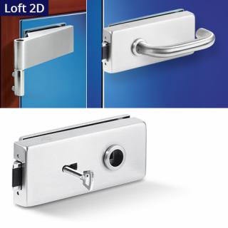 Sada HR nerez Loft 2D (Kování na skleněné dveře Standardní balení obsahuje tělo zámku + 2 ks závěsů + 2 ks krytek pantů. Sada neobsahuje pár klik. Cylindrické vložky prodáváme zvlášť. Další doplňky ke skleněným dveřím najdete v kapitole Skleněný program.)