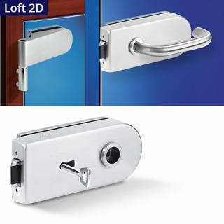 Sada OV nerez Loft 2D (Kování na skleněné dveře Standardní balení obsahuje tělo zámku + 2 ks závěsů + 2 ks krytek pantů. Sada neobsahuje pár klik. Cylindrické vložky prodáváme zvlášť. Další doplňky ke skleněným dveřím najdete v kapitole Skleněný program.)
