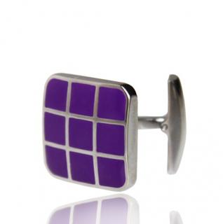 Manžetové knoflíčky chirurgická ocel čtverec fialová šachovnice (Knoflíčky ocelové čtvercové)