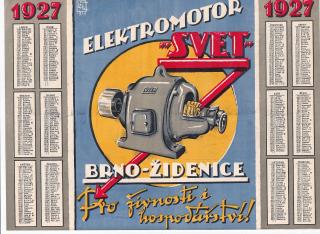 ELEKTROMOTOR SVET - REKLAMNÍ PLAKÁT S KALENDÁŘEM NA ROK 1927 / PROSPEKT - Bratří Richtrové BRNO ŽIDENICE - KRESBA ČEJKA