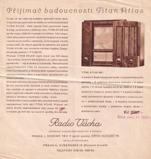 RADIO TITAN ATLAS - NABÍDKA PRODEJCE RADIO VÁCHA - 1936 - REKLAMNÍ LETÁK