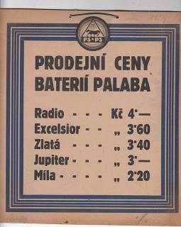 REKLAMNÍ TABULE - PRODEJNÍ CENY BATERIÍ PALABA - BŘEZEN 1929 - KARTON 22*25 CM