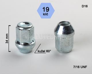 Kolová matice 7/16 UNF kužel zavřená, klíč 19mm (D16) výška 34mm (Matice pro ALU kola)