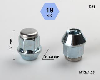 Kolová matice M12x1,25 kužel (nerez víčko), klíč 19 (Matice pro ALU kola)
