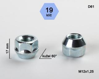 Kolová matice M12x1,25 s krátkou hlavou, kužel, otevřená, klíč 19 (Matice pro ALU kola)