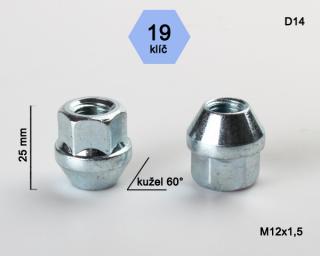 Kolová matice M12x1,5 Opel, kužel otevřená, klíč 19 (Matice pro ALU kola)
