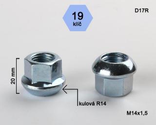Kolová matice M14x1,5 koule R14 otevřená, klíč 19 (Matice pro ALU kola)