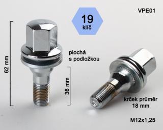 Kolové šrouby M12x1,25x36 chrom, Peugeot s plochou podložkou, klíč 19 (Šroub pro ALU kola)