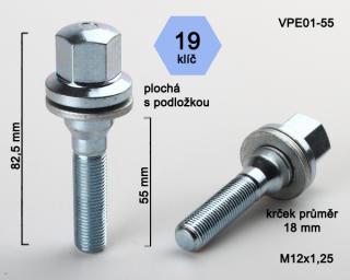 Kolové šrouby M12x1,25x55 chrom, Peugeot s plochou podložkou, klíč 19 (Šroub pro ALU kola)