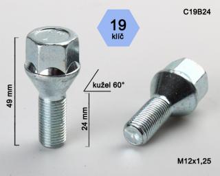 Kolový šroub M12x1,25x24, kužel, klíč 19 (Šroub pro ALU kola)