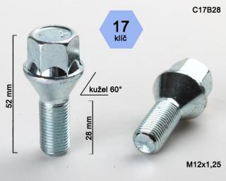 Kolový šroub M12x1,25x28 kužel, klíč 17 G (Šroub pro ALU kola)