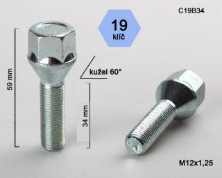 Kolový šroub M12x1,25x34, kužel, klíč 19 (Šroub pro ALU kola)