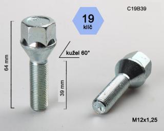 Kolový šroub M12x1,25x39, kužel, klíč 19 (Šroub pro ALU kola)