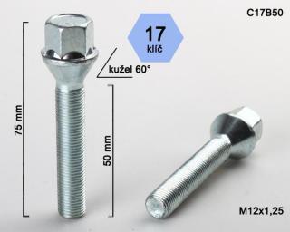 Kolový šroub M12x1,25x50 kužel, klíč 17 (Šroub pro ALU kola)