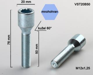 Kolový šroub M12x1,25x50 kužel s vnitřním mnohohranem, průměr hlavy 20mm (Šroub pro ALU kola)