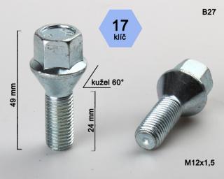 Kolový šroub M12x1,5x24 kužel, klíč 17 (Šroub pro ALU kola)