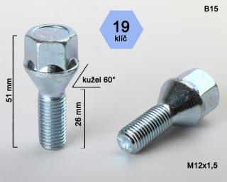 Kolový šroub M12x1,5x25 kužel, klíč 19 (Šroub pro ALU kola)