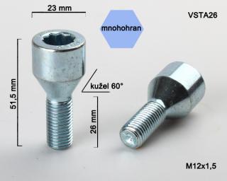 Kolový šroub M12x1,5x26mm kužel s vnitřním mnohohranem, průměr hlavy 23mm (Šroub pro ALU kola)