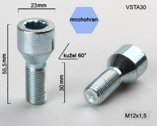 Kolový šroub M12x1,5x30 kužel s vnitřním mnohohranem, průměr hlavy 23mm (Šroub pro ALU kola)