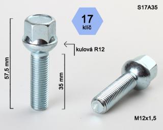 Kolový šroub M12x1,5x35 koule R12, klíč 17 (Šroub pro ALU kola)