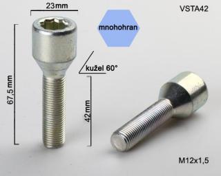 Kolový šroub M12x1,5x42 kužel s vnitřním mnohohranem, průměr hlavy 23mm (Šroub pro ALU kola)