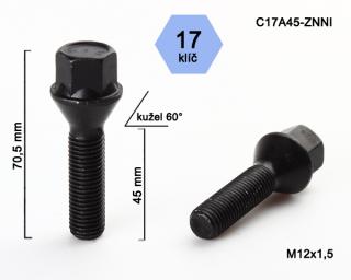 Kolový šroub M12x1,5x45 kužel, černé, klíč 17 G (Šroub pro ALU kola)