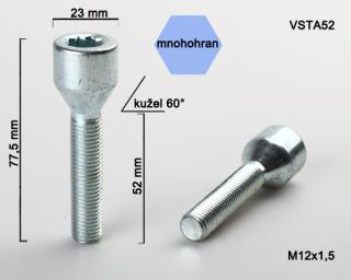 Kolový šroub M12x1,5x52 kužel s vnitřním mnohohranem, průměr hlavy 23mm (Šroub pro ALU kola)