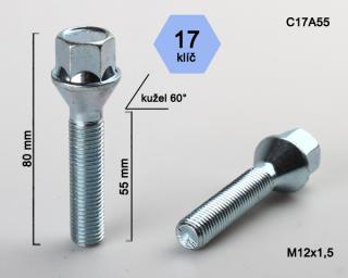 Kolový šroub M12x1,5x55 kužel, klíč 17 (Šroub pro ALU kola)