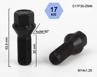 Kolový šroub M14x1,25x30, černý, kužel, klíč 17 (Šroub pro ALU kola)
