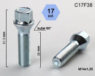 Kolový šroub M14x1,25x38, kužel, klíč 17 (Šroub pro ALU kola)