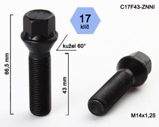 Kolový šroub M14x1,25x43, černý, kužel, klíč 17 (Šroub pro ALU kola)
