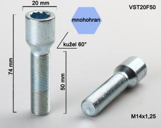 Kolový šroub M14x1,25x50 kužel s vnitřním mnohohranem, průměr hlavy 20mm (Šroub pro ALU kola)