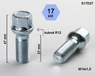 Kolový šroub M14x1,5x27 koule R12, klíč 17 (Šroub pro ALU kola)