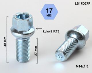 Kolový šroub M14x1,5x27 koule R13, klíč 17 (Šroub pro ALU kola)