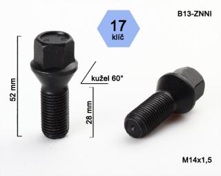 Kolový šroub M14x1,5x28 kužel, černé, klíč 17 (Šroub pro ALU kola)