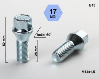 Kolový šroub M14x1,5x28 kužel, klíč 17 (Šroub pro ALU kola)