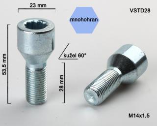 Kolový šroub M14x1,5x28 kužel s vnitřním mnohohranem, průměr hlavy 23mm (Šroub pro ALU kola)