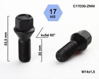 Kolový šroub M14x1,5x30 černý, kužel, klíč 17 (Šroub pro ALU kola, barva černá)