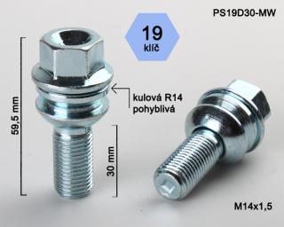 Kolový šroub M14x1,5x30 koule R14 pohyblivá, klíč 19  (Šroub pro ALU kola)