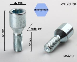 Kolový šroub M14x1,5x30 kužel s vnitřním mnohohranem, průměr hlavy 20mm (Šroub pro ALU kola)