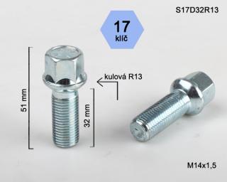 Kolový šroub M14x1,5x32 koule R13, klíč 17 (Šroub pro ALU kola)
