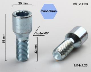 Kolový šroub M14x1,5x33 kužel s vnitřním mnohohranem, průměr hlavy 20mm (Šroub pro ALU kola)