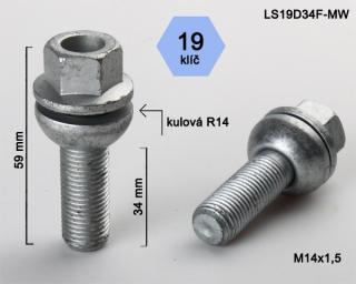 Kolový šroub M14x1,5x34 koule R14 pohyblivá, klíč 19  (Šroub pro ALU kola)