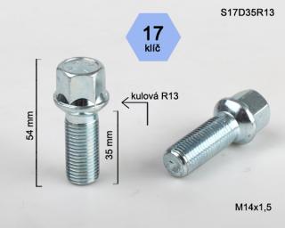 Kolový šroub M14x1,5x35 koule R13, klíč 17 (Šroub pro ALU kola)