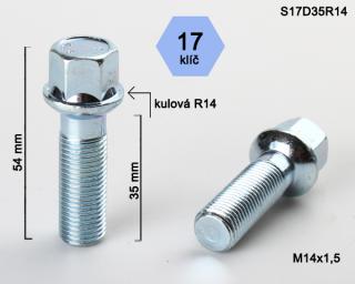 Kolový šroub M14x1,5x35 koule R14, klíč 17 (Šroub pro ALU kola)