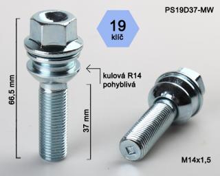 Kolový šroub M14x1,5x37 koule R14 pohyblivá, klíč 19  (Šroub pro ALU kola)