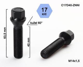 Kolový šroub M14x1,5x40 černý, kužel, klíč 17 G (Šroub pro ALU kola, barva černá)