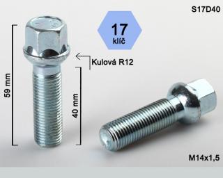 Kolový šroub M14x1,5x40 koule R12, klíč 17 G (Šroub pro ALU kola)