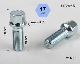 Kolový šroub M14x1,5x40 koule R13, klíč 17 G (Šroub pro ALU kola)