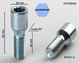 Kolový šroub M14x1,5x40 kužel s vnitřním mnohohranem, průměr hlavy 20mm (Šroub pro ALU kola)